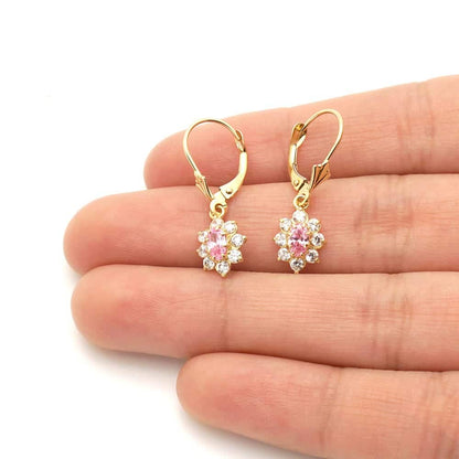 14k Yellow Gold Oval Shaped CZ Halo  Leverback Earrings