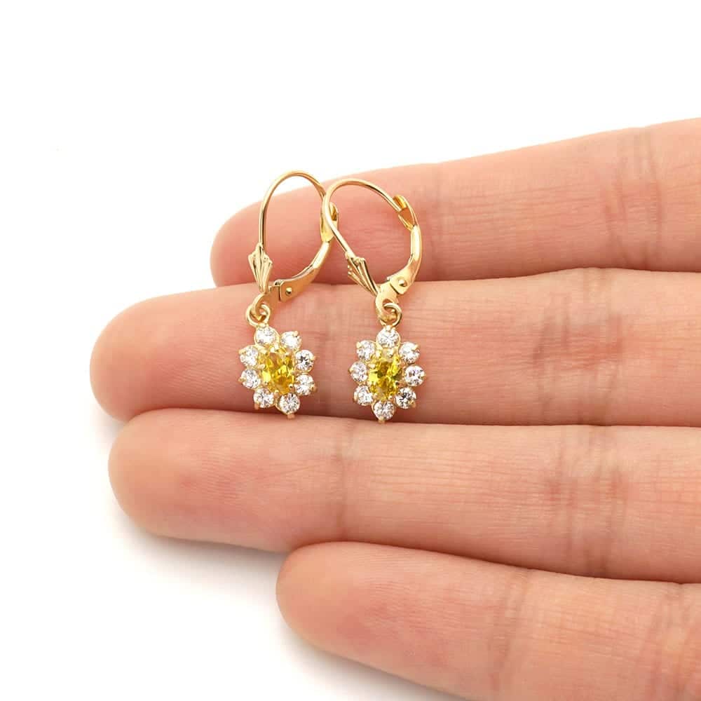 14k Yellow Gold Oval Shaped CZ Halo  Leverback Earrings