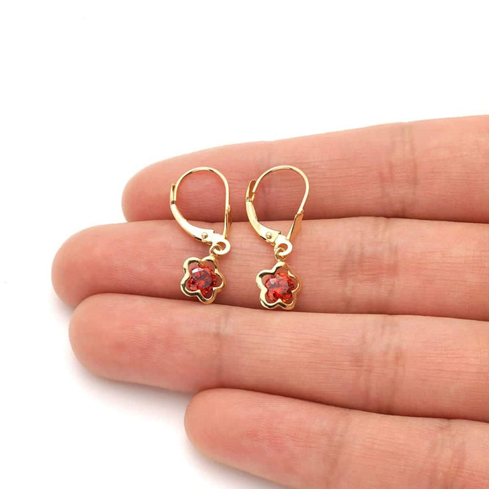 14k Yellow Gold Round Birthstone Flower Drop Leverback Earrings