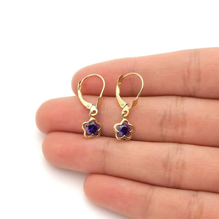 14k Yellow Gold Round Birthstone Flower Drop Leverback Earrings