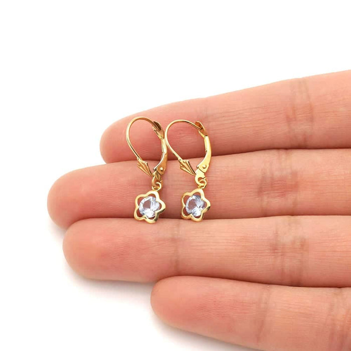 14k Yellow Gold Round Birthstone Flower Drop Leverback Earrings