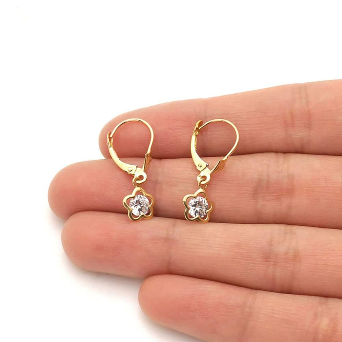14k Yellow Gold Round Birthstone Flower Drop Leverback Earrings