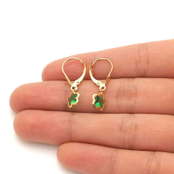 14k Yellow Gold Round Birthstone Flower Drop Leverback Earrings