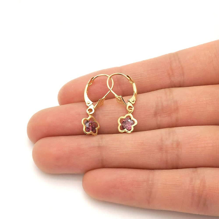 14k Yellow Gold Round Birthstone Flower Drop Leverback Earrings