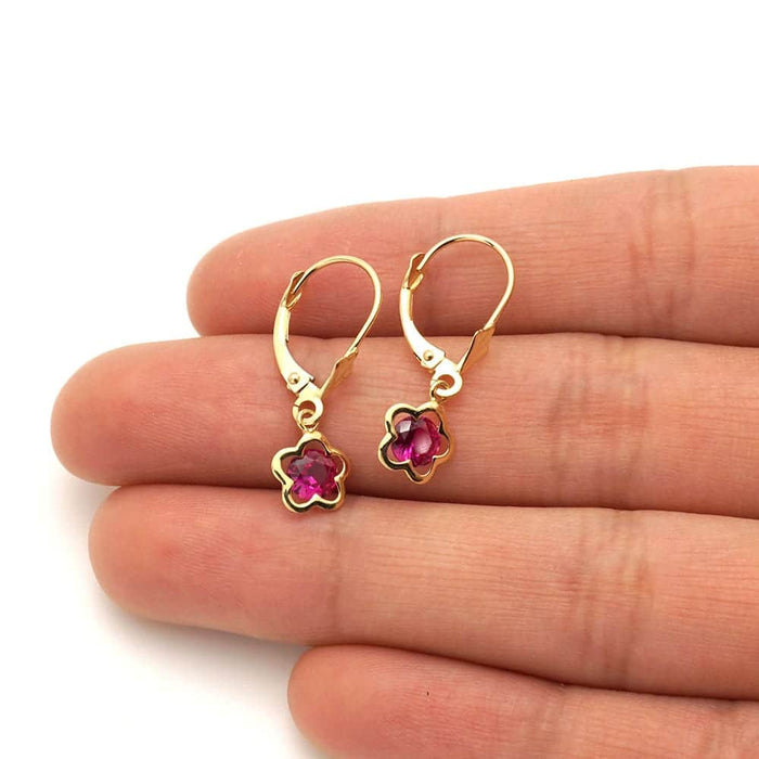14k Yellow Gold Round Birthstone Flower Drop Leverback Earrings