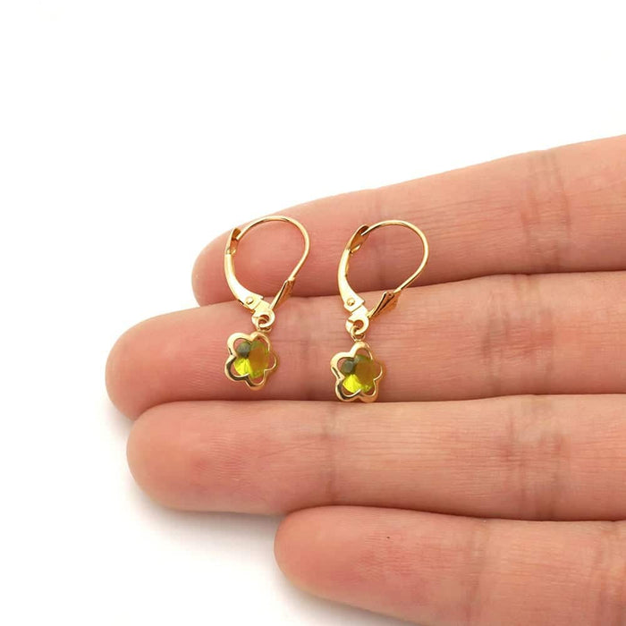 14k Yellow Gold Round Birthstone Flower Drop Leverback Earrings
