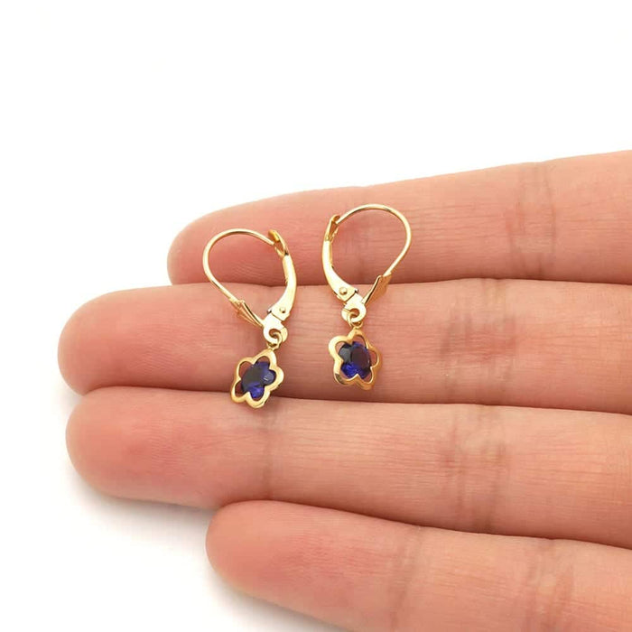 14k Yellow Gold Round Birthstone Flower Drop Leverback Earrings