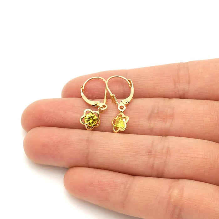 14k Yellow Gold Round Birthstone Flower Drop Leverback Earrings