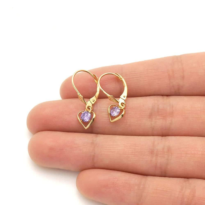 14K Yellow Gold Open Heart Solitaire Birthstone Drop Leverback Earrings