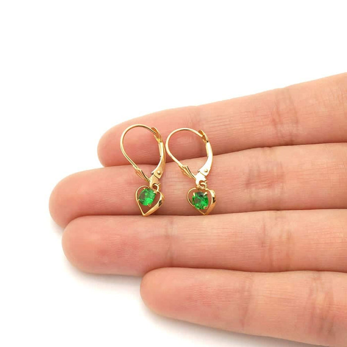 14K Yellow Gold Open Heart Solitaire Birthstone Drop Leverback Earrings