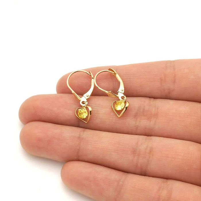 14K Yellow Gold Open Heart Solitaire Birthstone Drop Leverback Earrings