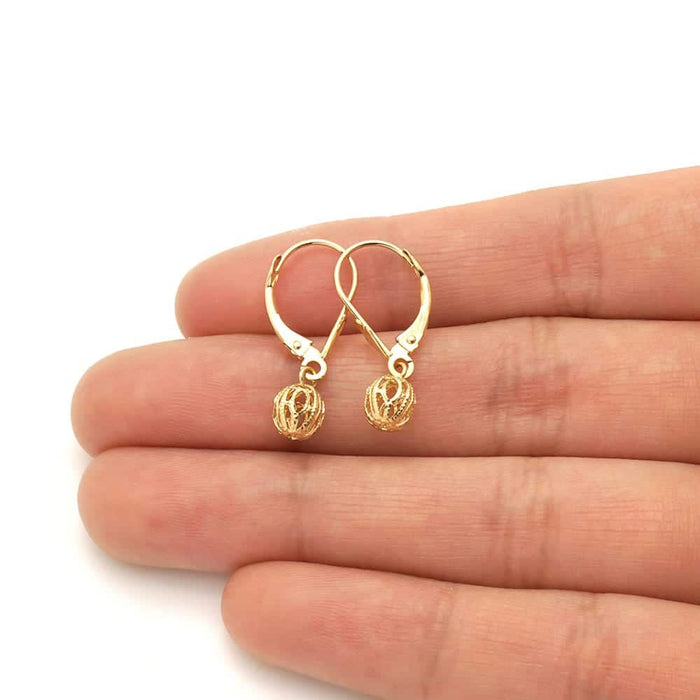 14k Yellow Gold Carved And Textured Ball Drop Leverback Earrings