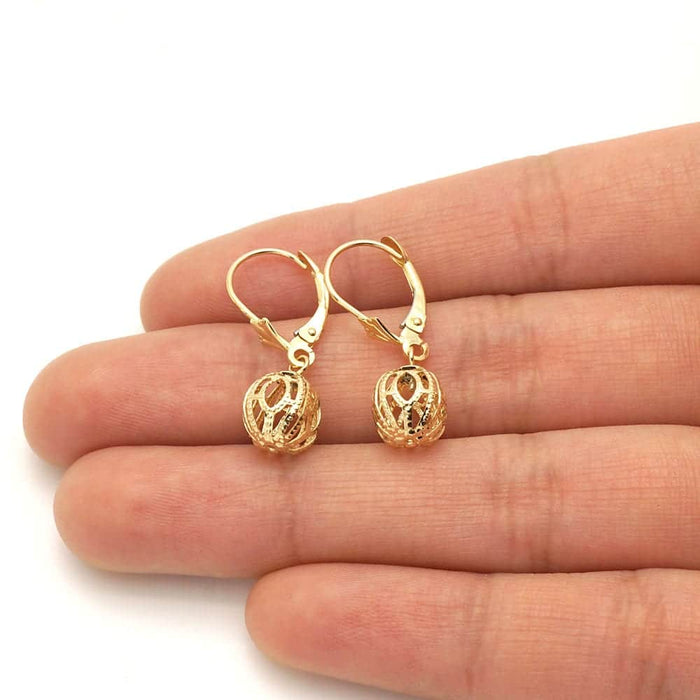 14k Yellow Gold Carved And Textured Ball Drop Leverback Earrings