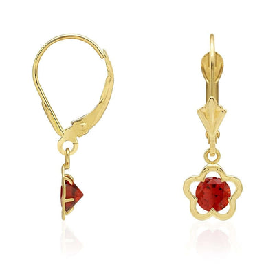 14k Yellow Gold Round Birthstone Flower Drop Leverback Earrings
