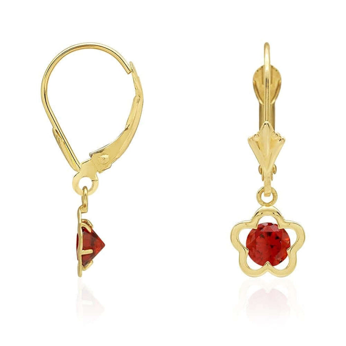 14k Yellow Gold Round Birthstone Flower Drop Leverback Earrings