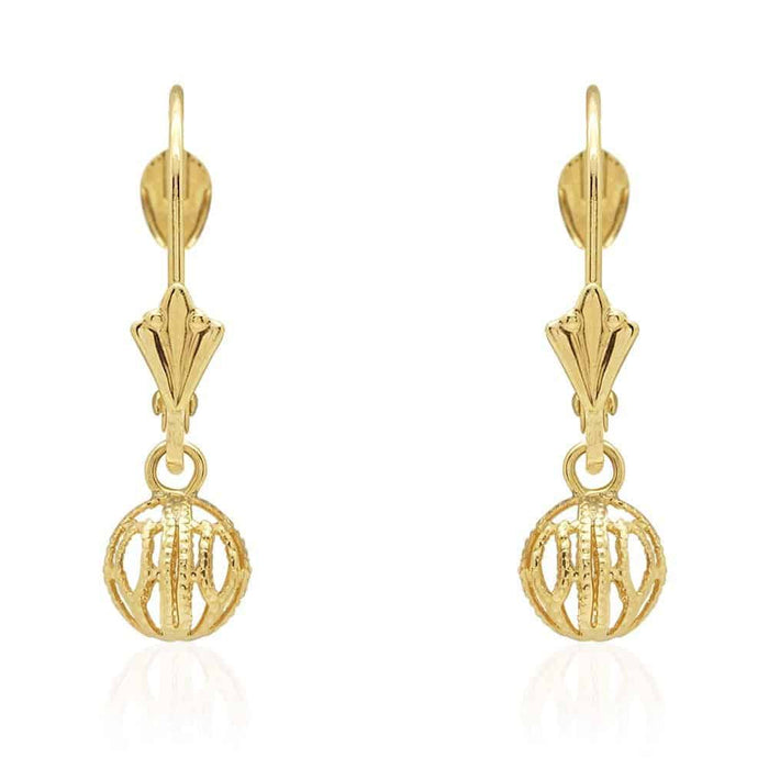 14k Yellow Gold Carved And Textured Ball Drop Leverback Earrings