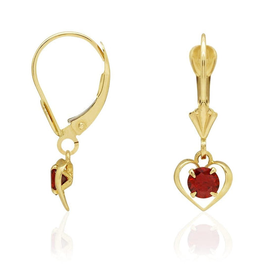 14K Yellow Gold Open Heart Solitaire Birthstone  Drop Leverback Earrings