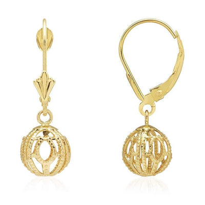 14k Yellow Gold Carved And Textured Ball Drop Leverback Earrings