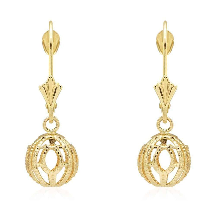 14k Yellow Gold Carved And Textured Ball Drop Leverback Earrings