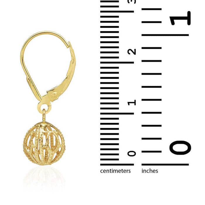 14k Yellow Gold Carved And Textured Ball Drop Leverback Earrings