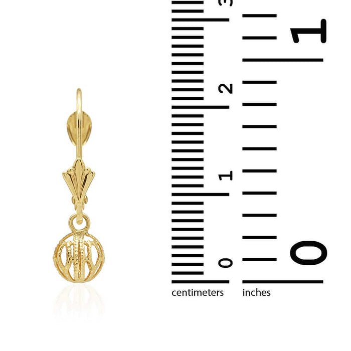 14k Yellow Gold Carved And Textured Ball Drop Leverback Earrings
