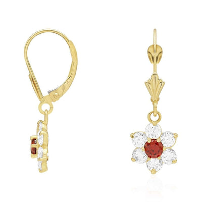 14k Yellow Gold CZ Flower Cluster Drop Leverback Earrings