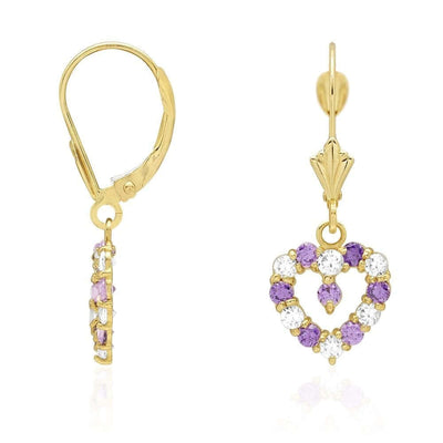 14k Yellow Gold Birthstone CZ Heart Leverback Earrings
