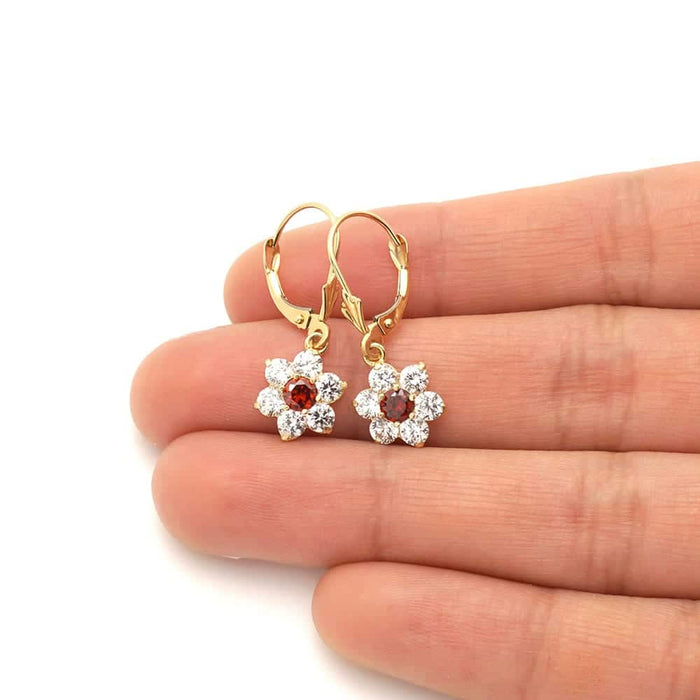 14k Yellow Gold CZ Flower Cluster Drop Leverback Earrings