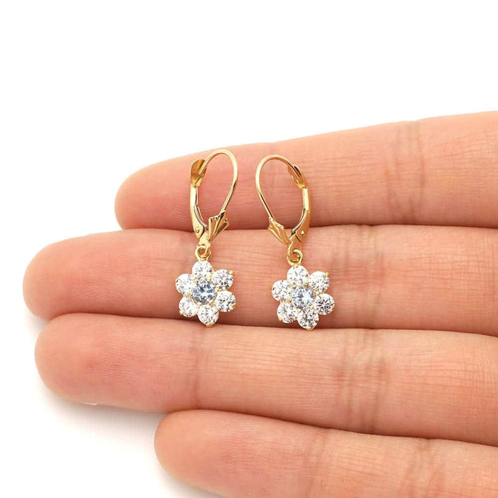 14k Yellow Gold CZ Flower Cluster Drop Leverback Earrings