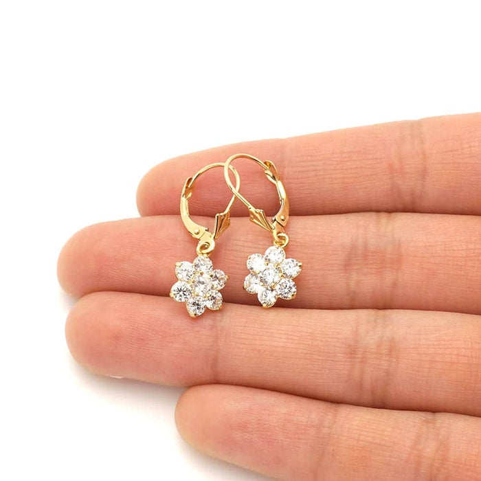 14k Yellow Gold CZ Flower Cluster Drop Leverback Earrings