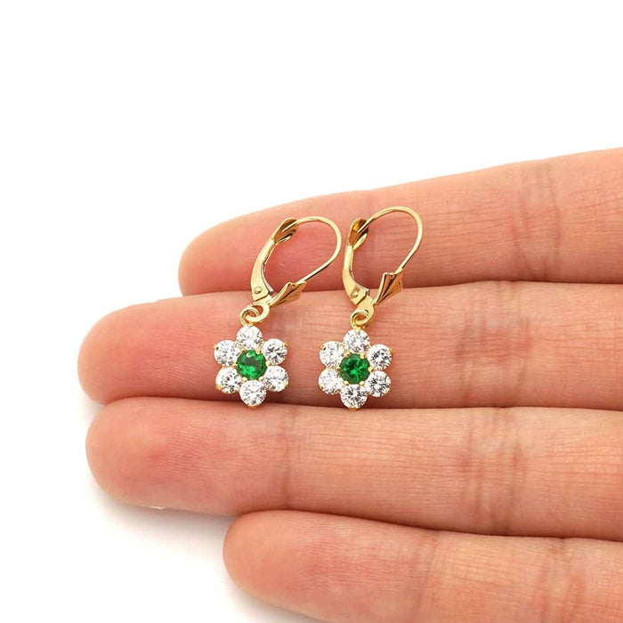 14k Yellow Gold CZ Flower Cluster Drop Leverback Earrings