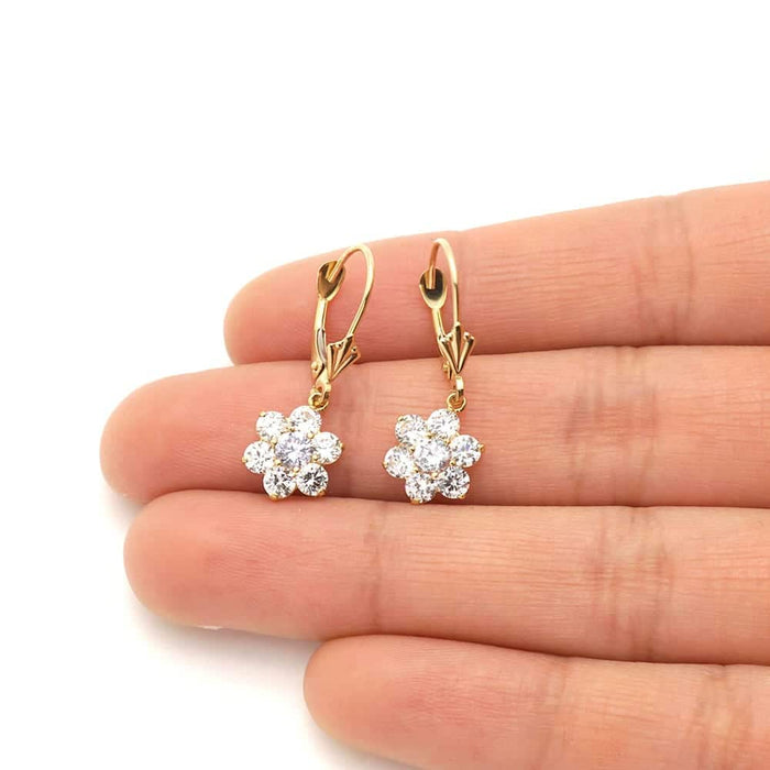 14k Yellow Gold CZ Flower Cluster Drop Leverback Earrings