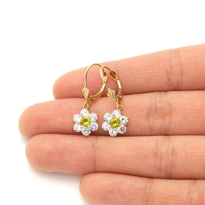 14k Yellow Gold CZ Flower Cluster Drop Leverback Earrings