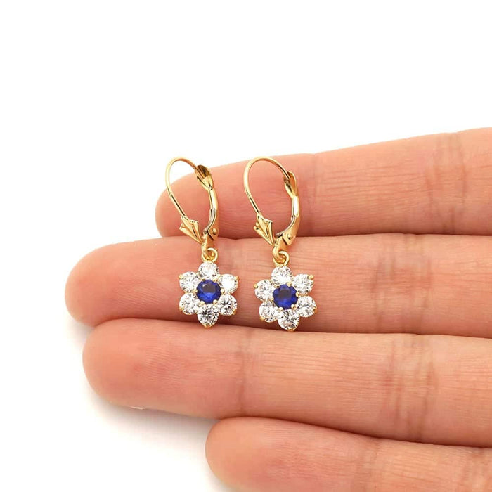 14k Yellow Gold CZ Flower Cluster Drop Leverback Earrings