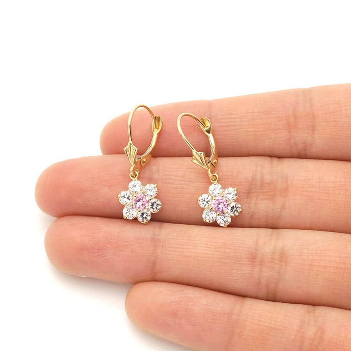 14k Yellow Gold CZ Flower Cluster Drop Leverback Earrings