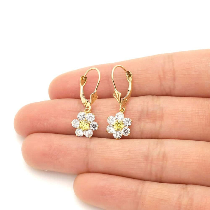14k Yellow Gold CZ Flower Cluster Drop Leverback Earrings