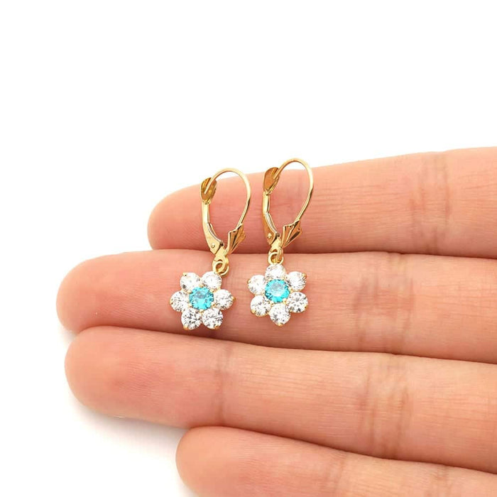 14k Yellow Gold CZ Flower Cluster Drop Leverback Earrings