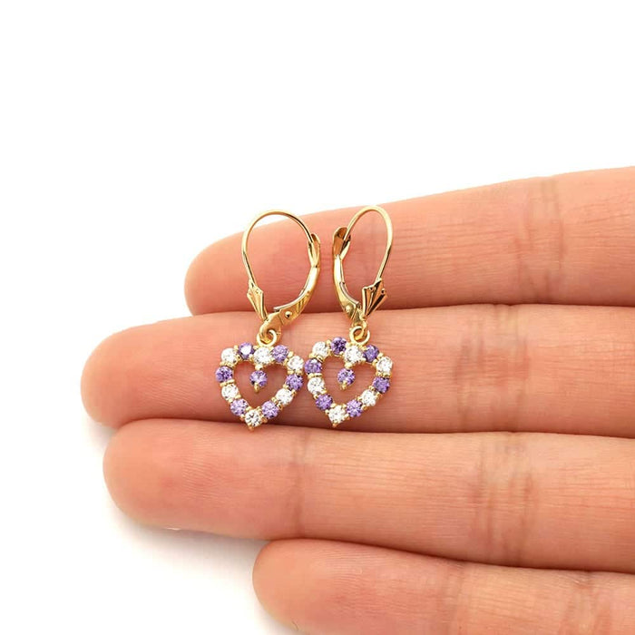 14k Yellow Gold Birthstone CZ Heart Leverback Earrings