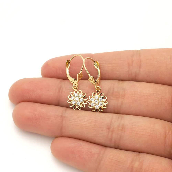 14k Yellow Gold CZ-Cut Sunflower Drop Leverback Earrings