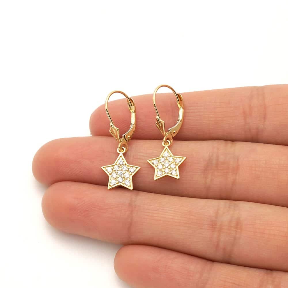14k Yellow Gold CZ Star  Drop Leverback Earrings
