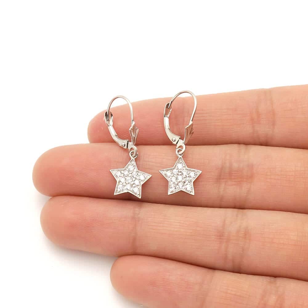 14k Yellow Gold CZ Star  Drop Leverback Earrings