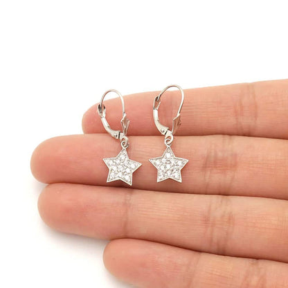 14k Yellow Gold CZ Star  Drop Leverback Earrings