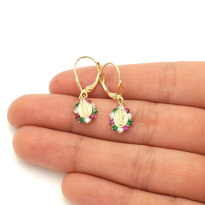 14k Yellow Gold Multicolor CZ Virgin Guadalupe Leverback Earrings 25mm