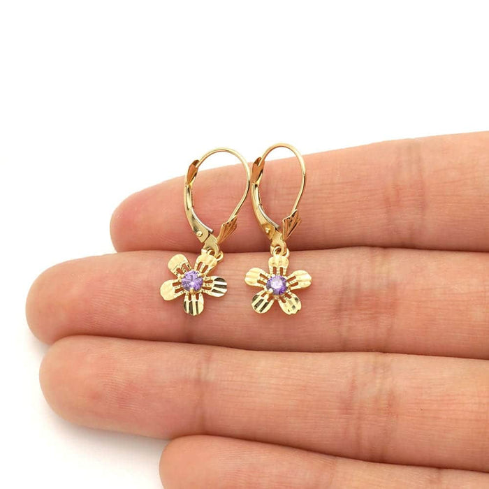14k Yellow White Gold Birthstone Diamond-Cut Flower Leverback Earrings