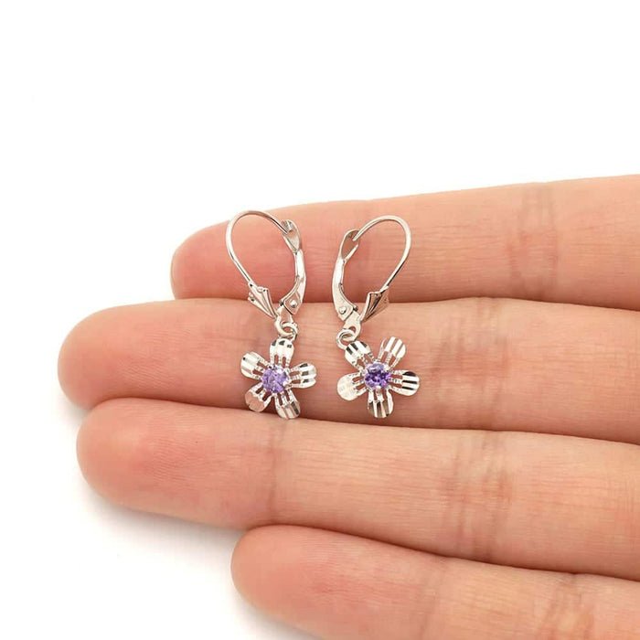 14k Yellow White Gold Birthstone Diamond-Cut Flower Leverback Earrings