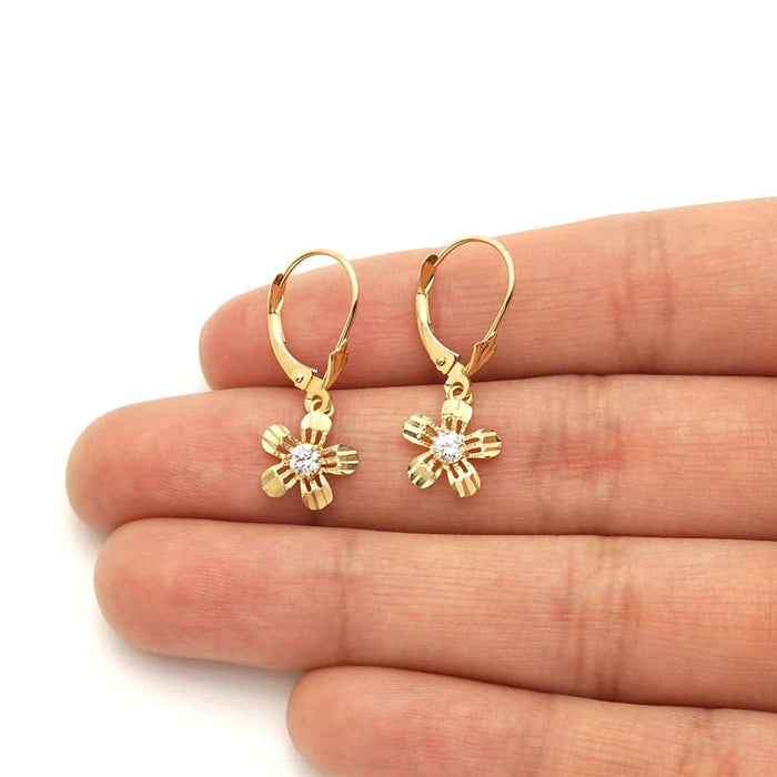 14k Yellow White Gold Birthstone Diamond-Cut Flower Leverback Earrings