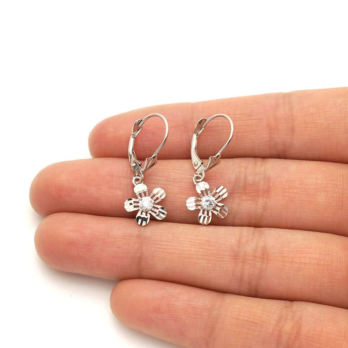 14k Yellow White Gold Birthstone Diamond-Cut Flower Leverback Earrings