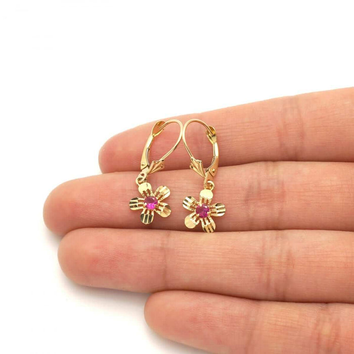 14k Yellow White Gold Birthstone Diamond-Cut Flower Leverback Earrings