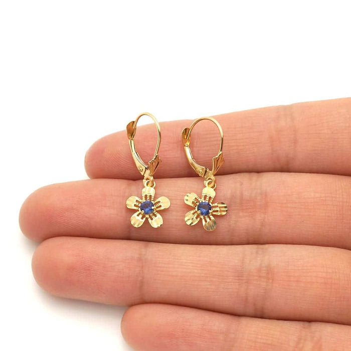 14k Yellow White Gold Birthstone Diamond-Cut Flower Leverback Earrings
