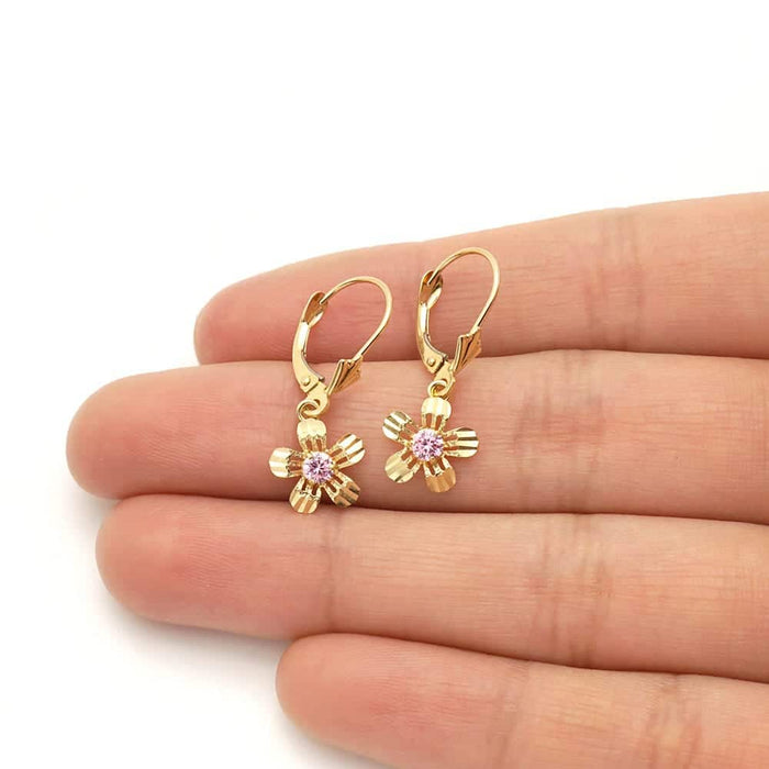 14k Yellow White Gold Birthstone Diamond-Cut Flower Leverback Earrings